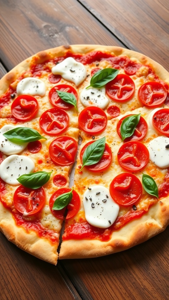 Elegant Crust Pizza Recipe to Impress Your Guests Gourmet pizza with mozzarella and pepperoni on a wooden table, garnished with basil.